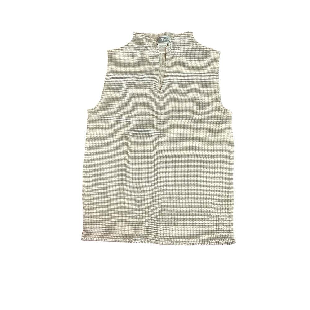 Vintage E.R. Designs Textured Pleated Sleeveless Mock Neck Top Beige Large